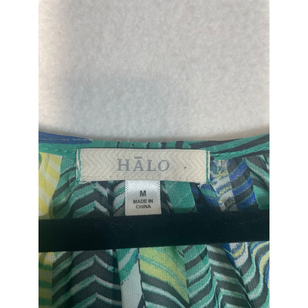Halo Women's M Medium Chevron Print Tie Front‎ Button Down Top Green Blue - Picture 2 of 8